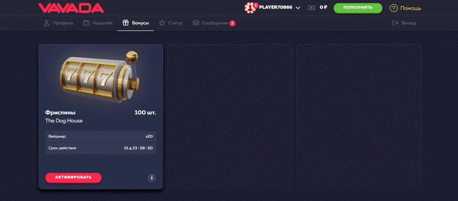 Раздел Бонусы фриспины в Вавада